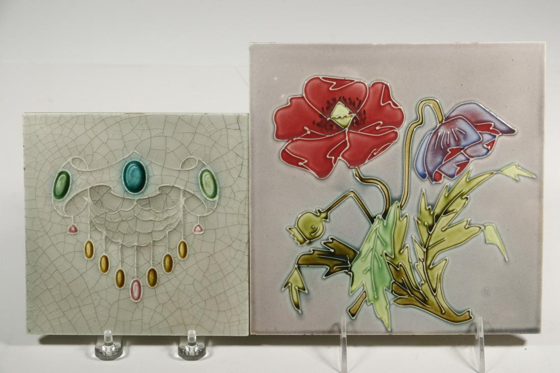 (2) EUROPEAN EARLY 20TH C. ART TILES: Lot of (2) Art Tiles, incl: French Art Nouveau tube lined poppy tile, c. 1900, with multicolor glossy glaze, 8" sq., tiny base corner flake; and Circa 1910 jewel tile by The Henry Richards Tile Co., L