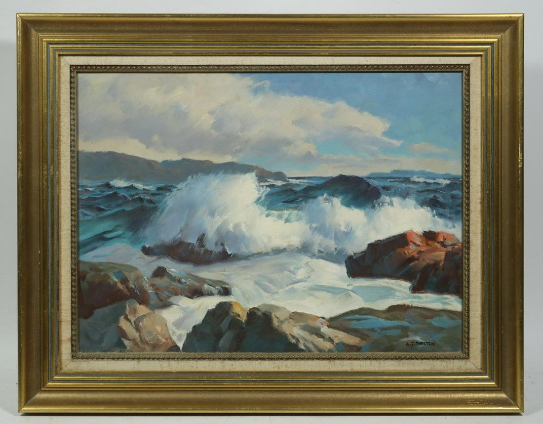 ALPHONSE JOSEPH SHELTON (ME, 1905-1976): Whitecaps, oil on academy board, signed lower right, in gold molded frame with linen liner, OS: 16" x 20", SS: 11 1/2" x 15 1/2". Good condition.