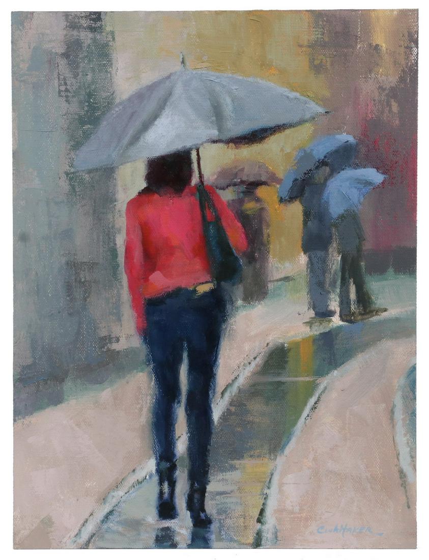 CAROLYN WHITAKER (ME/CA,1949-2018): A Walk in the Rain, oil on board, signed lower right, depicting people with umbrellas, unframed, 12" x 9". Good condition.
