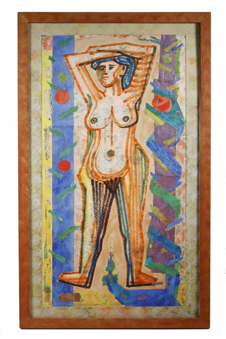 STELL SHEVIS (ME/NY, 1915-2016): "Before Eve, There was Lillith", acrylic collage on mat board, signed lower right, dated '96; signed, dated and titled verso, in red stained oak frame with artist painted mat, (no glass), OS: 30 1/2"