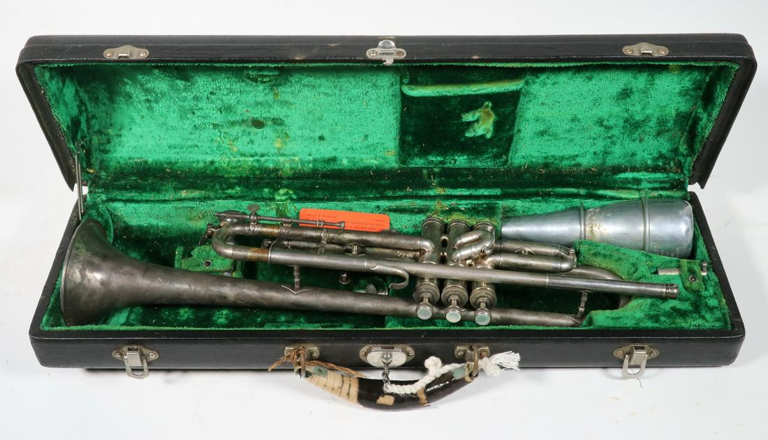 CASED CONN 58B TRUMPET: Silver-Plated Trumpet by C.G. Conn (Elkhart, IN), sn 262222, 1928, with narrow gold washed bell, with mute and other accessories, in a fitted velvet lined hard shell Conn case, case: 5 3/4" x 23 1/2" 
