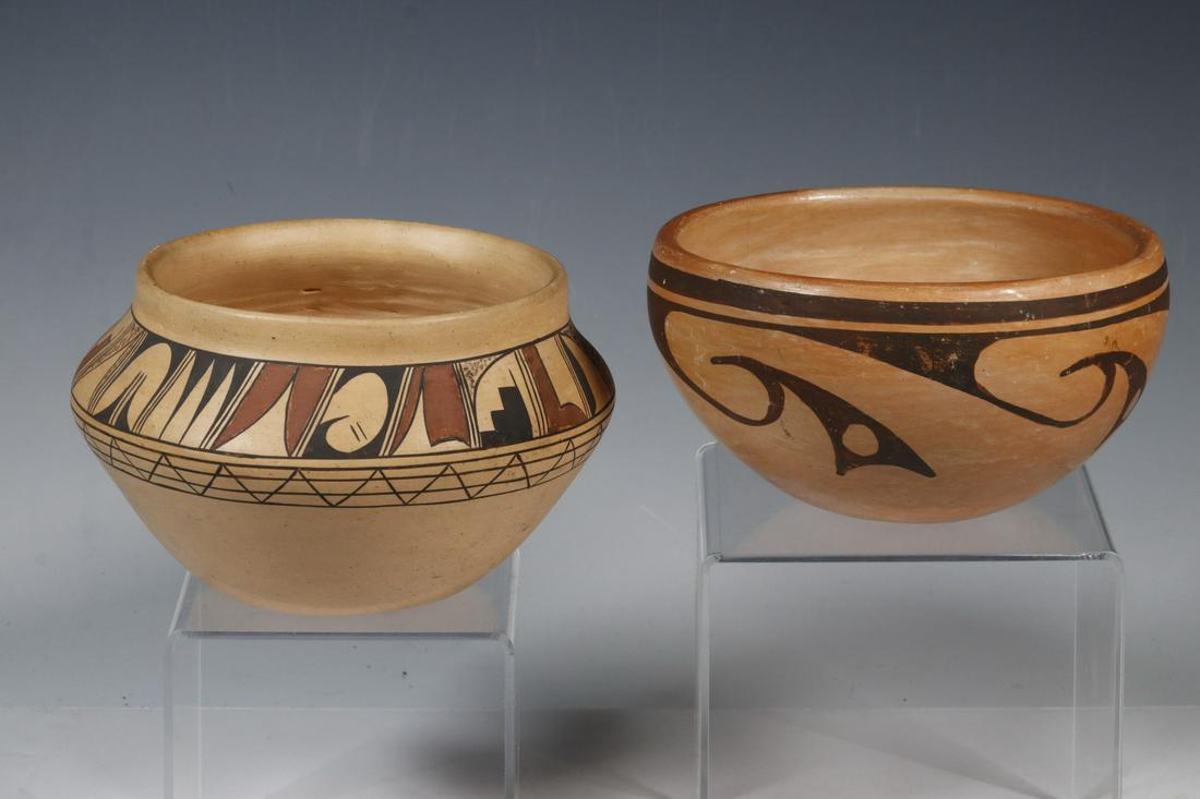 (2 PCS) MID 20TH C. SOUTHWEST PUEBLO POTTERY, SIGNED: Hopi Redware Bowls: Wind Pattern signed 'Freida Poleahla' (1918-1994), 3" x 6" diam.; PLUS Shouldered with river and steppe symbols, signed 'Jofern' (Jofern Puffer is part of the Tewa/Laguna, Kachina