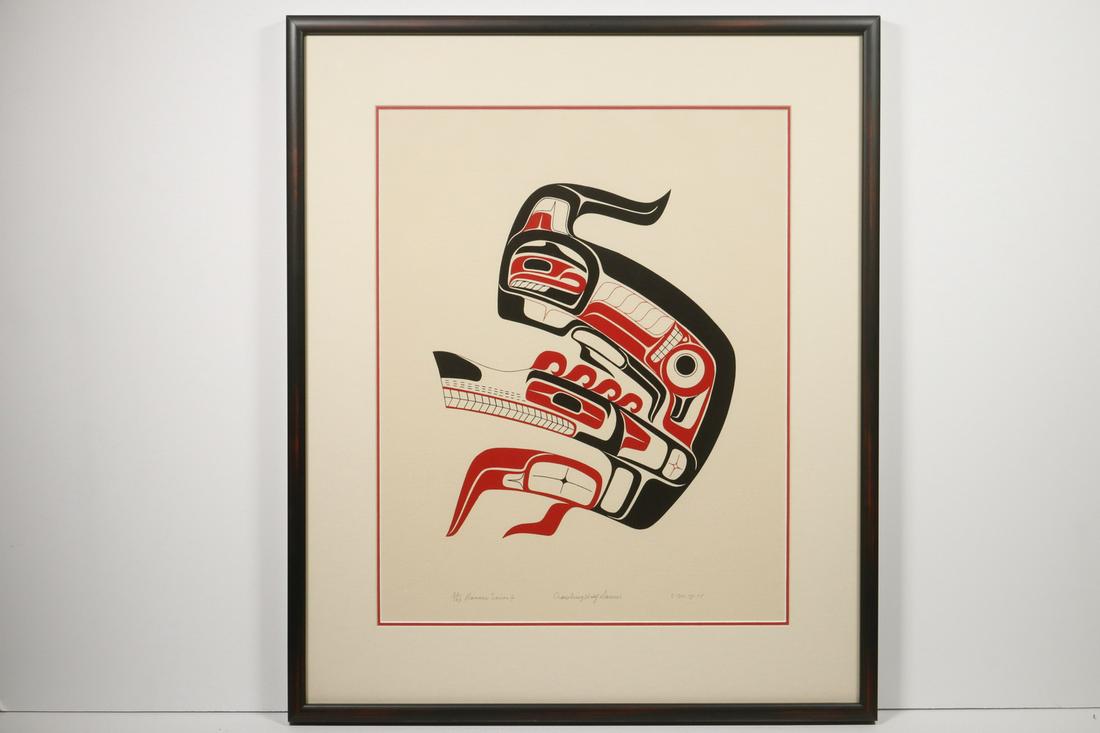 JOE DAVID (INUIT WA/CAN, 1946 - ): "Crawling Wolf Dancer" from "Dancer Series IV", serigraph on paper, pencil signed, titled, dated '75 and numbered 53/195, in black box frame, matted and glazed, OS: 23" x 19 1/4", SS: 16 1/4" x 13". F