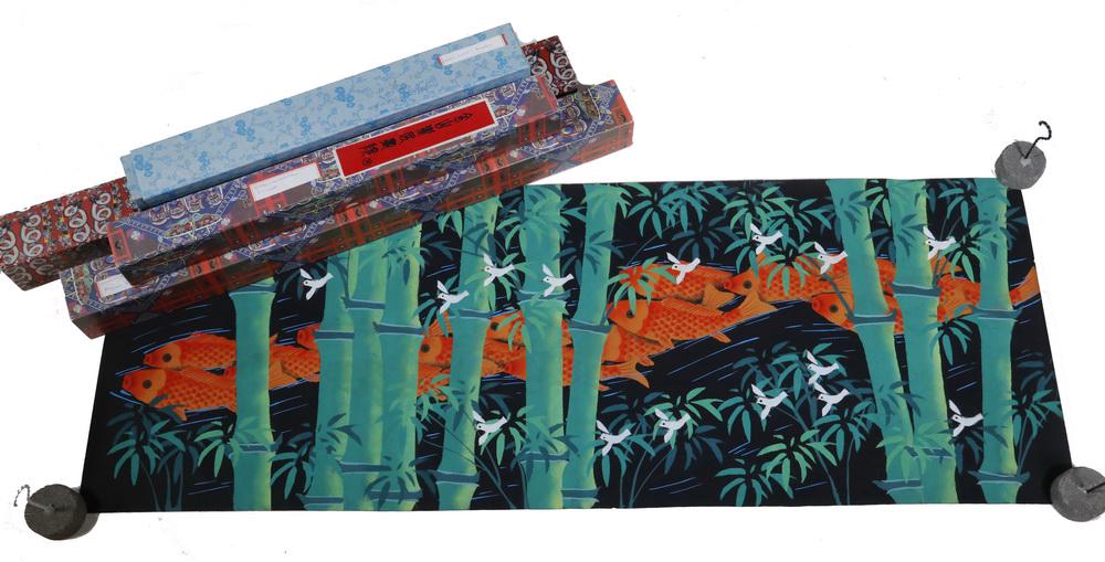 (5) CHINESE SCROLLS IN (4) BOXES: From the Jinshan Peasant Painting Academy in Shanghai, including: Carp, Bamboo & Birds, signed upper left, 15 1/2" x 43"; PLUS "Embroidered Shoes" by Zhang Wanying, signed ul, 19 1/4" x 21"; PLUS "Fis