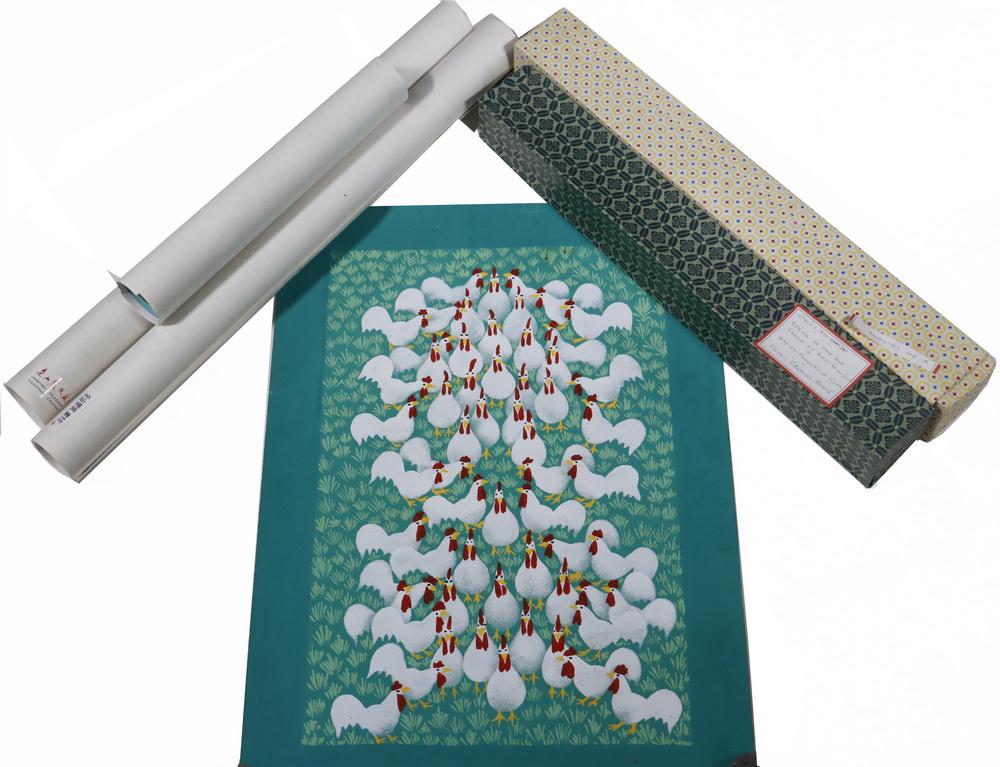 (5) CHINESE SCROLLS IN (2) BOXES: From the Jinshan Peasant Painting Academy in Shanghai, including: "Zi'an Chickens, signed on back in Chinese, 21 1/2" x 15 3/4"; PLUS "Cows Cross a Bridge" by Yang Deliang, 22 1/4" x 22 3/4", edge tea