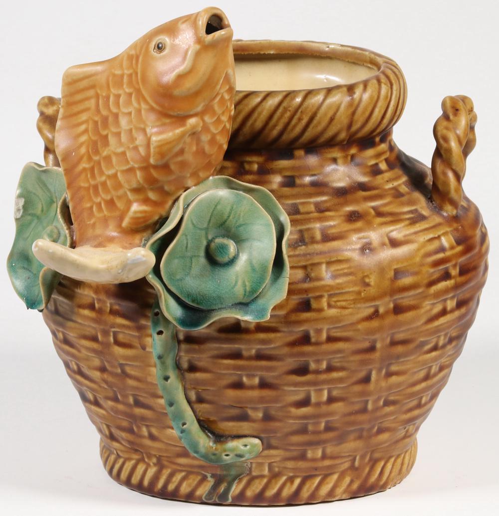 MAJOLICA BASKETWEAVE JAR WITH FISH: Vintage Japanese Glazed Pottery Jar, 20th c., in the form of a double-handle basket, with attached jumping carp and lily pads, stamped seal mark with Japanese characters on base, base also with incise