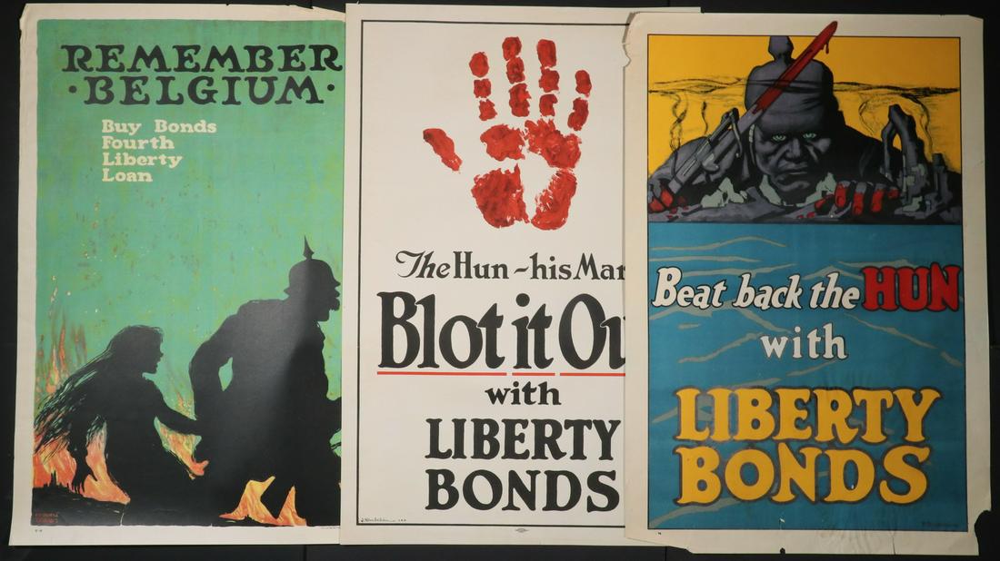(3) LOOSE WWI MEDIUM-SIZED BOND POSTERS, 'HUN' THEMED: Including: "Remember Belgium" by Ellsworth Young, 20" x 30", corner bends; PLUS "The Hun - His Mark - Blot It Out" by J. Allen St. John, 19 3/4" x 30", edges bent; PLUS "Beat Back the Hun" by E. Stroh
