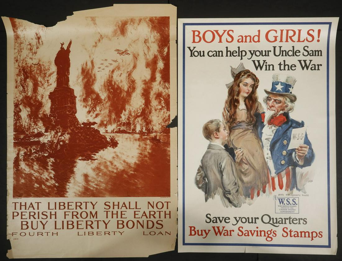 (2) LOOSE WWI MEDIUM-SIZED BOND POSTERS BY B. JAMES: Iconic images, including: "Boys and Girls! You Can Help Your Uncle Sam Win the War", by Flagg, 20" x 30", corner bends; PLUS "That Liberty Shall Not Perish from the Face of the Earth" by Pennell, show