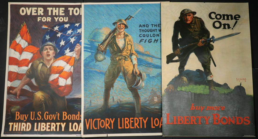 (3) LOOSE WWI MEDIUM-SIZED BOND POSTERS, 'DOUGHBOY': Including: "And They Thought We Couldn't Fight" by Clyde Forsythe, 20" x 30", edges bent, short tears; PLUS "Over the Top for You" by Sidney Resenberg, 20" x 30", corner bends, short tear; PLUS "Come 