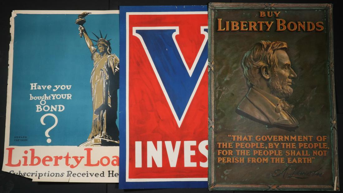 (9) LOOSE WWI MEDIUM-SIZED BOND POSTERS: Including: (4) Lincoln Profile with quote on faux bronze plaque, unsigned, 20" x 30"; PLUS (4) Statue of Liberty "Have You Bought Your Bond?" by Adolph Triedler, 21" x 29", minor edge loss; and (1) "V