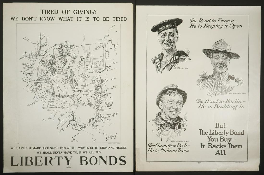 (8) LOOSE WWI SMALL-SIZED BOND POSTERS BY JAMES: Black and White Drawings, including: (7) "Road to France, Road to Berlin" by James Montgomery Flagg; PLUS "Tired of Giving? You Don't Know What It is to be Tired" by J.N. Ding. All 19" x 28", small co
