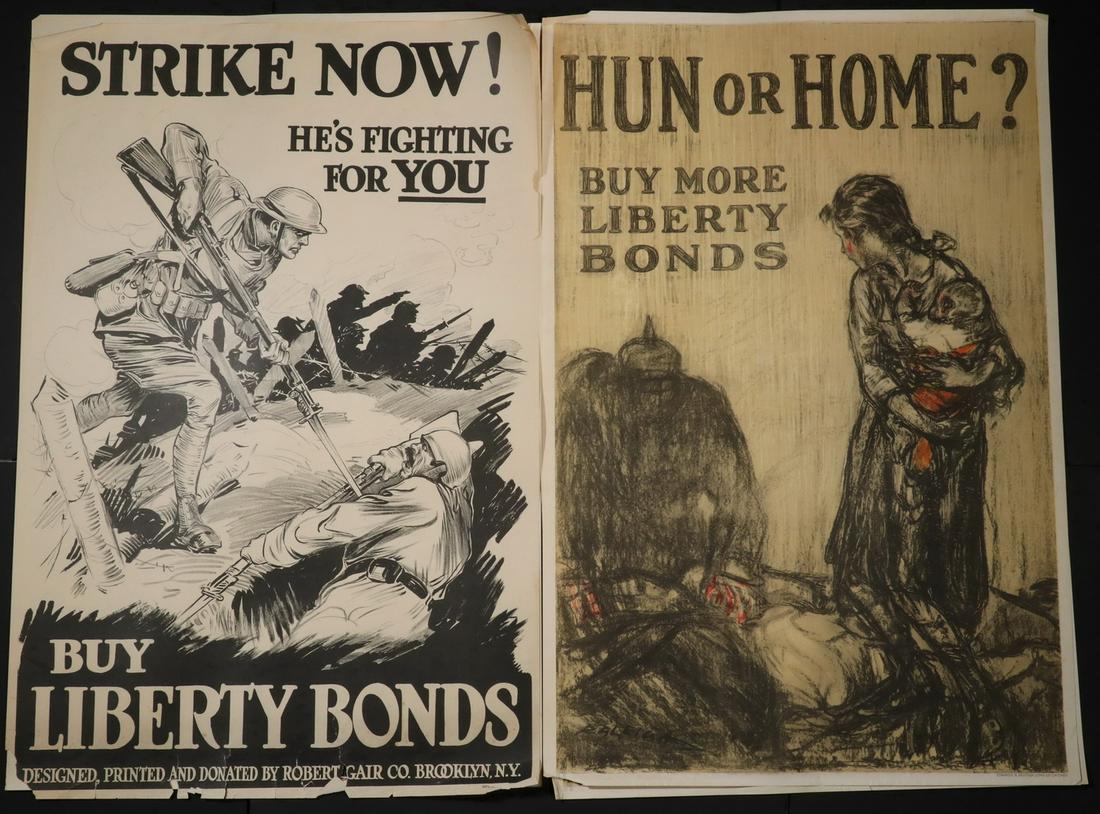 (4) LOOSE WWI MEDIUM-SIZED BOND POSTERS: Including: (2) "Strike Now! He's Fighting for You", black & white, Robert Gair Co., Brooklyn, 20 1/2" x 30", edge bends and losses; PLUS (2) "Hun or Home!" by Raleigh, 19 3/4" x 30", bends.