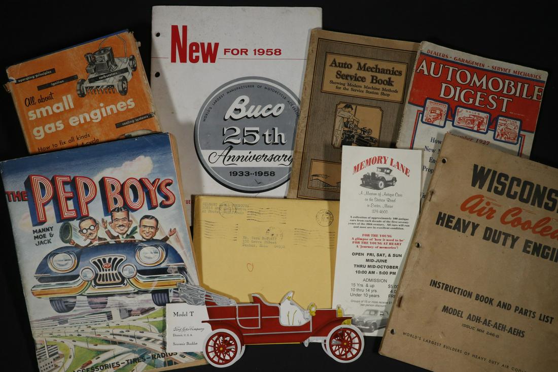 (30) ANTIQUE AUTO CATALOGS, ADVERTS, BOOKLETS, BOOKS,: Including: "Pep Boys" 1954 catalog; "Gaslight Auto Parts", 1983; Orig 1955 "A Power Primer", Reprint "1929 Auto Owners Supply Book, Western Auto, Phila"; very rare Model A Ford Seat Fabric Swatches br