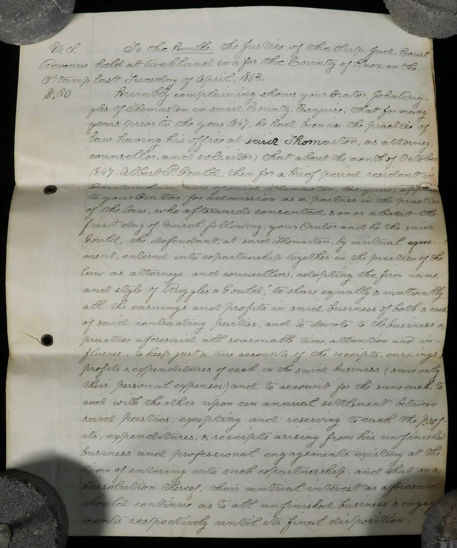 1863 ROCKLAND, MAINE COUNTY COURT DECISION: John Ruggles of Thomaston vs. Albert P. Gould regarding law partnership begun in 1847, complaint regarding equal compensation in course of business, lodged April 1863, with lengthy documentation. 8 1/