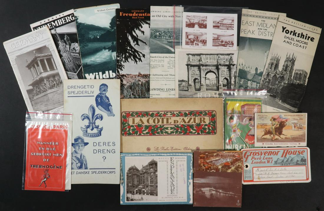 APPROX (50 PCS) FOREIGN (& A FEW US) TRAVEL EPHEMERA,: Including: Das Franfurter Bildrbuch, 1922; France booklet, ca. 1930; (2) France - French National Railroads, booklets, 1949 & 1951; Guide Book to Knole (UK), 1930; Guide to Swiss Hotels, 1957-58; Hote