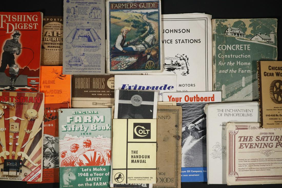 (20 PCS) MISC. OUTDOORSMAN EPHEMERA: Including: "Johnson Service Stations", Johnson Motors, Waukeegan, Illinois, Dec 1, 1953; "Your Outboard", Socony-Vacuum, 1947; "Evinrude at your service", Feb 1957; "Concrete Construction for the Home
