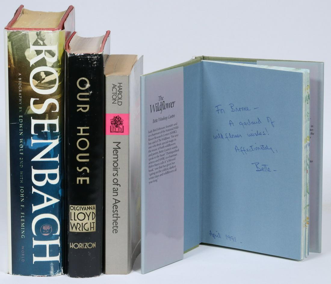(4) BOOKS INSCRIBED TO BROOKE ASTOR BY THE AUTHORS: Including: "Rosenbach, A Biography" by Edwin Wolf, 2nd with John F. Fleming, The World Publishing Company, Cleveland and New York, 1960, stated second printing, in original unclipped dj, inscribed on 