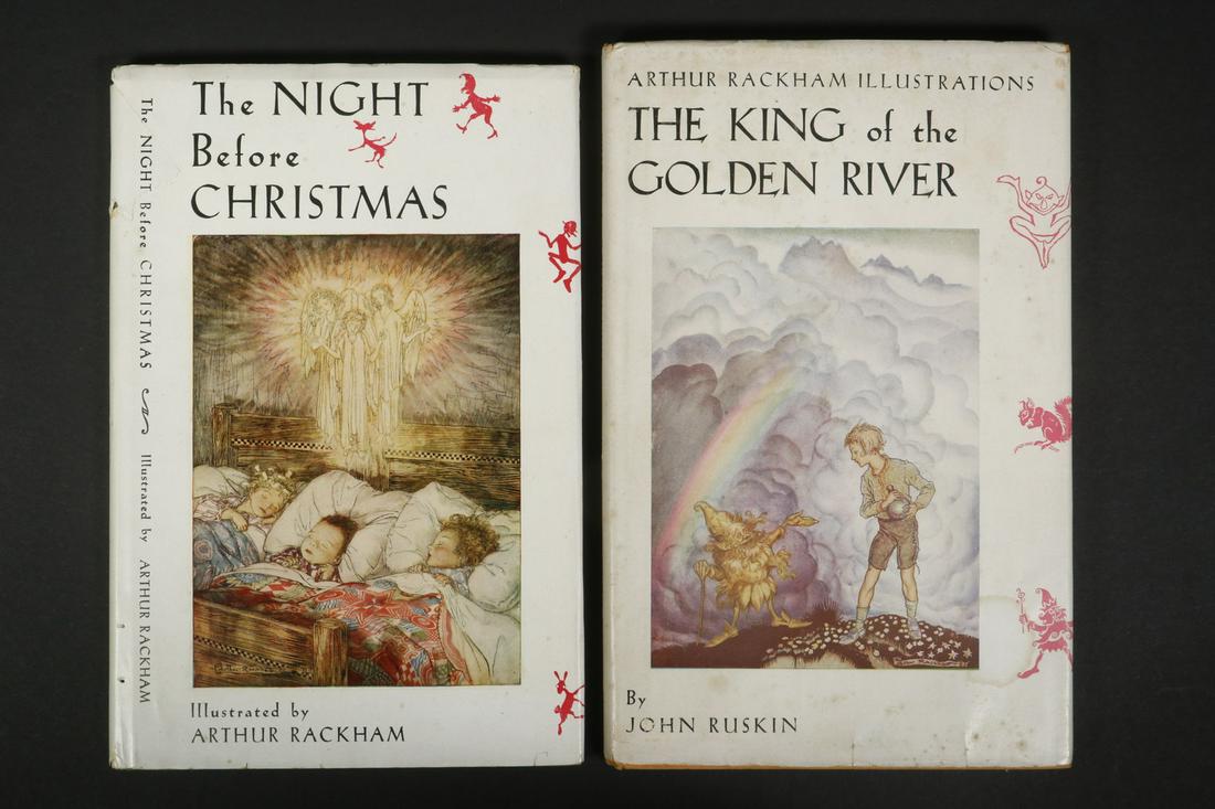 (2) ARTHUR RACKHAM ILLUSTRATED CHILDREN'S BOOKS: Both published by J.B. Lippincott Co, Philadelphia: "The Night Before Christmas" by Clement C. Moore, LLD. Pea green cloth, dark green titles, in orig dj, patterned endpapers, 5 3/4" x 8 3/4"; PLUS "T