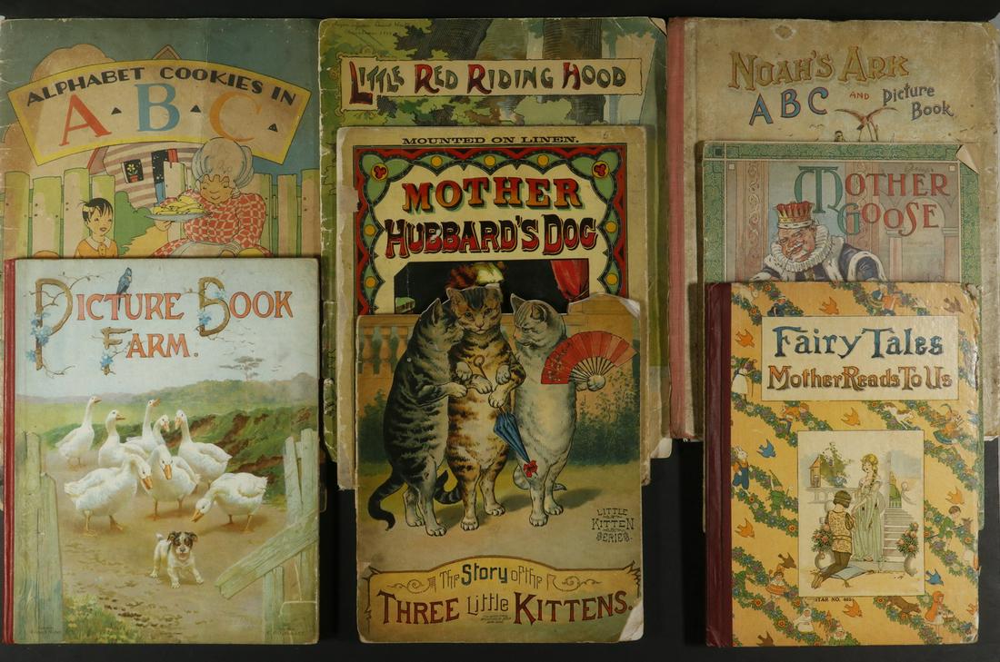 (8) EARLY LARGE FORMAT CHILDREN'S PICTURE BOOKS: Including: "Noah's Ark ABC and Picture Book", McLoughlin Bros, New York, copyright 1905, chromos,10" x 12 1/2", disbound but complete; PLUS "Alphabet Cookies in ABC", Goldsmith Publishing Co., Clevela