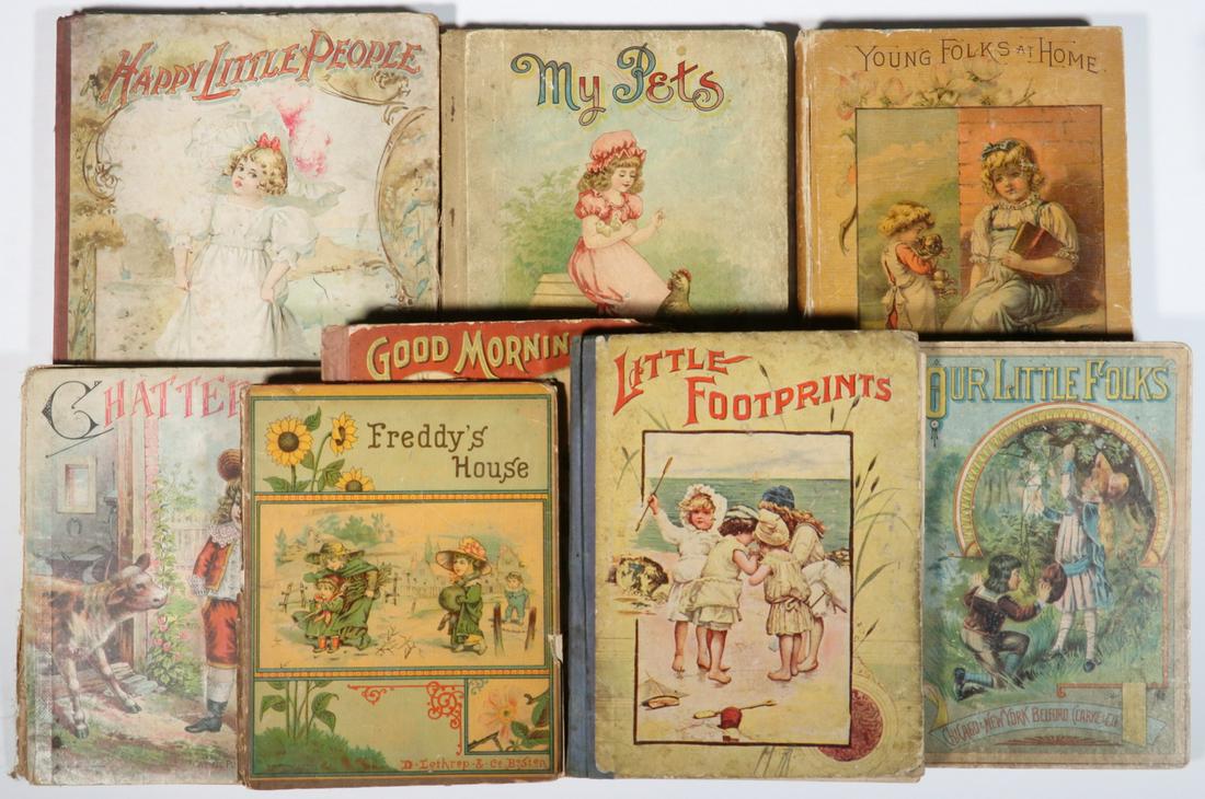 (8) EARLY MEDIUM FORMAT CHILDREN'S PICTURE BOOKS: Including: "Happy Little People" by Mary D. Brine, Lothrop Publishing, Boston, 1898, chromos, 9" x 11", soiled boards; PLUS "My Pets in Story and Pictures", DeWolfe, Fiske and Company, Boston, 8" x 10