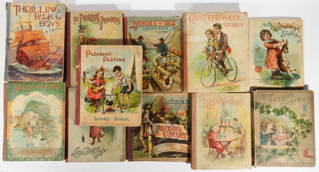 (11) LARGE FORMAT EARLY CHROMOLITHO CHILDREN'S BOOKS: Including: "Pictures & Stories from American History" by Uncle Ned for His Young Friends, Published by Milton Bradley, Springfield, Mass. 1883; PLUS "New England Story Book", D. Lorthrop & Co, Boston,