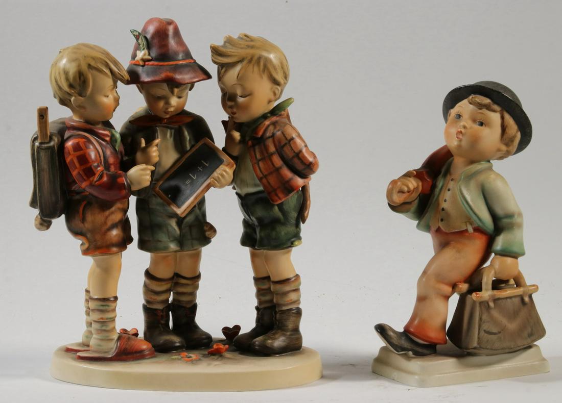 (2) LARGE HUMMEL FIGURINES: (2) Hummel Porcelain Figures, by Goebel, both marked 'Western Germany', incl: "Merry Wanderer Boy" with umbrella and bag, #7/1, 8" high; "School Boys", #170, 9 1/2" high. Good condition.