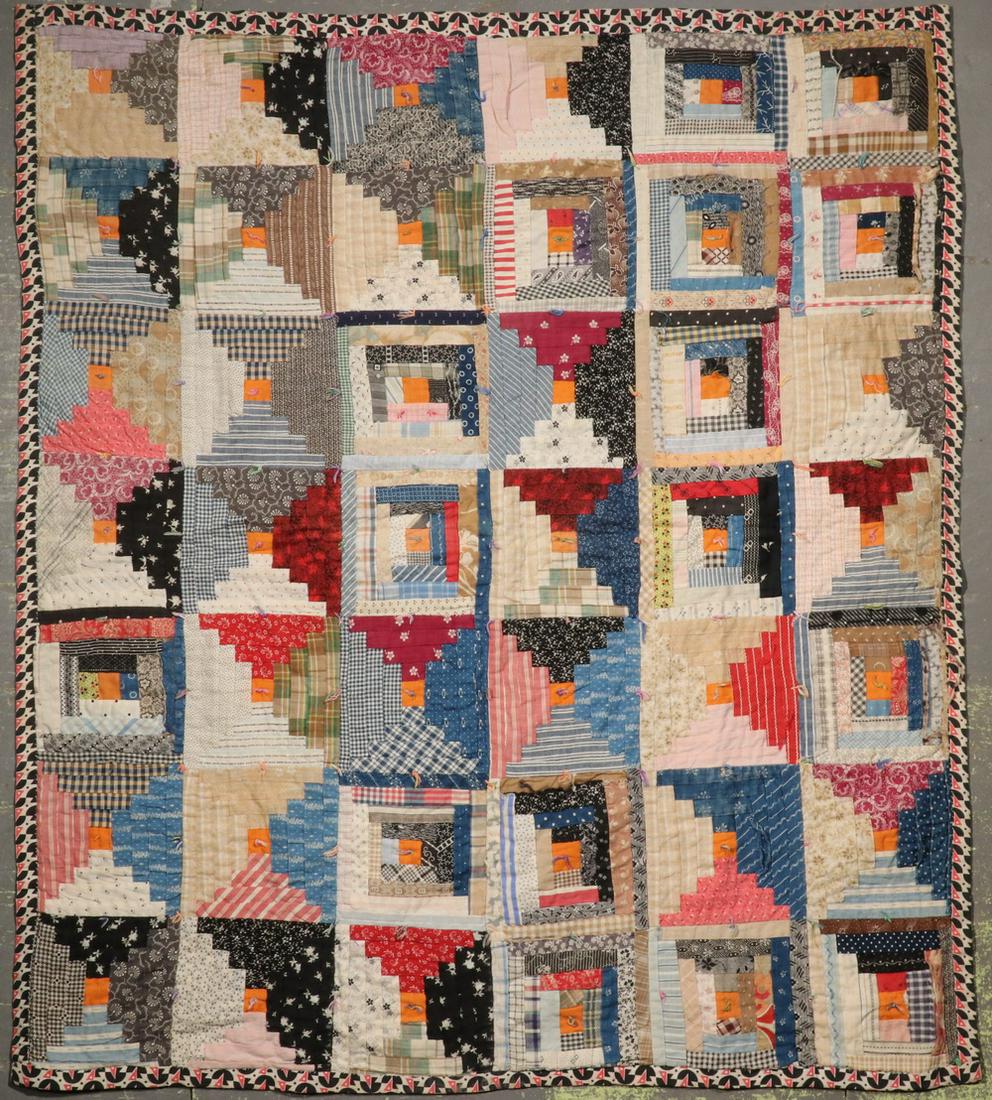 CRIB QUILT - 37 1/2" x 33": Vintage Log Cabin Pattern Crib Quilt, early 20th c., hand stitched multicolored cotton fabric top, attached to later cotton print backing. Minor stitch losses/edge fraying to quilt top, two panels hav