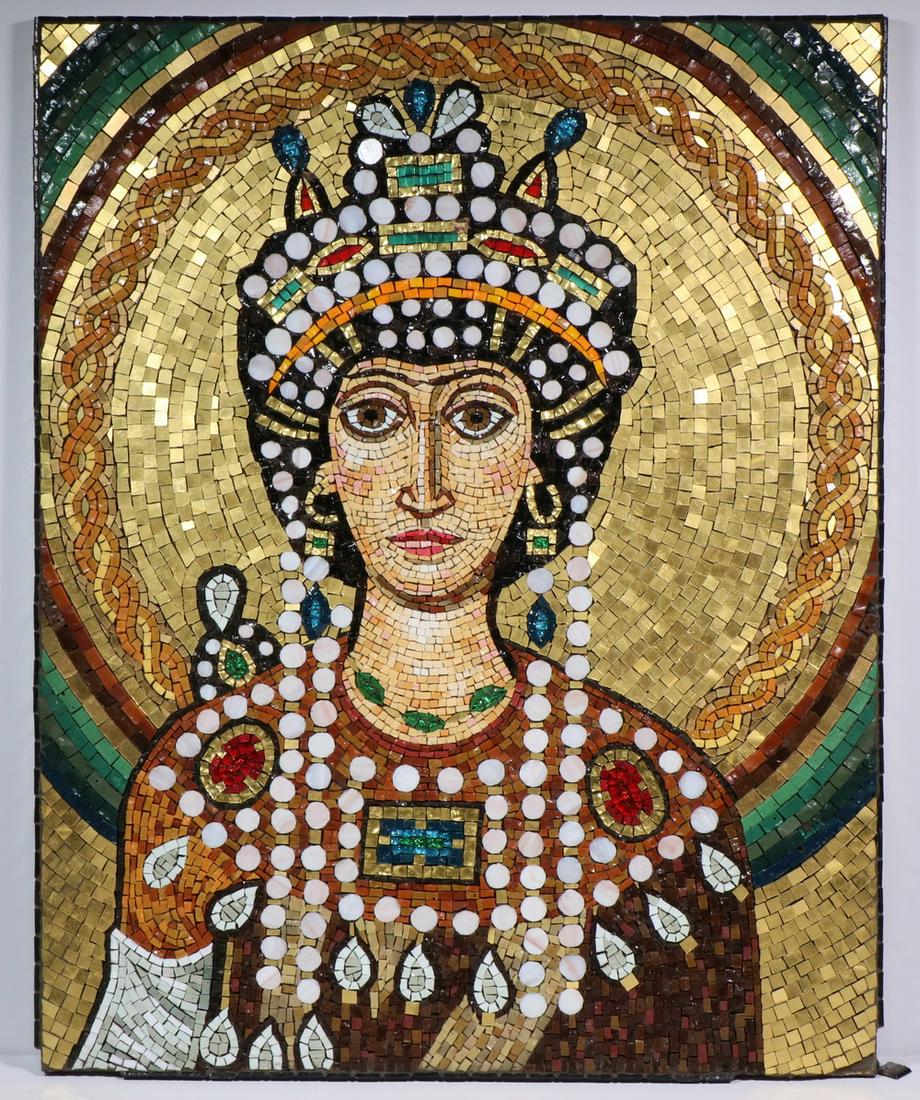 GLASS MOSAIC BY LIA CATALANO: Copy of Mosaic of Theodora from Basilica of San Vitale (built A.D. 547), Ravenna, Italy, glass on 3/4" plywood. 30" x 24 1/4". Minor loss to lower corners.