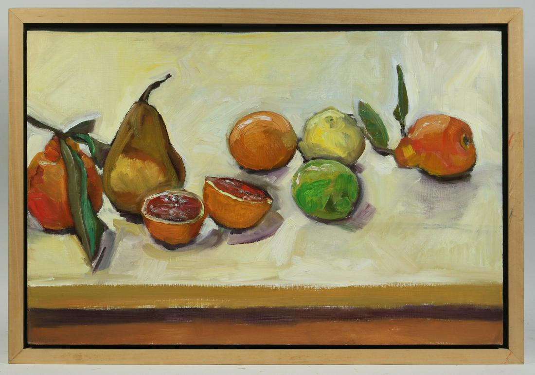 FRUIT STILL LIFE BY S. SELTZER: Still Life of Pears and Citrus, oil on Masonite, signed "S. Seltzer" lower left, panel is mounted into a wooden shadowbox form frame, OS: 18" x 26, SS: 16" x 24". Good condition.