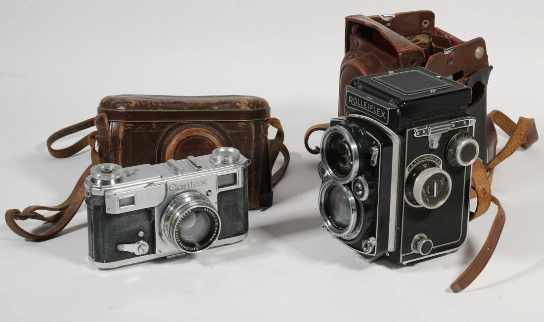 (2) GERMAN CAMERAS: ROLLEIFLEX & CONTAX: Rolleiflex 2.8 Twin Lens Reflex s/n 161045, with Carl Zeiss Planar 1:2,8/80 Nr 1686578; Heidosmat 1:2.8/80, s/n 742587, in original leather case; PLUS Zeiss Contax with Carl Zeiss Sonnar 1:2 f=5cm. Nr