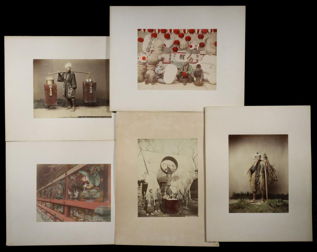 (5) JAPANESE MEIJI PERIOD HAND COLORED ALBUMEN PHOTOS: Circa 1895, including: Acrobatic Feats; Coolie Smoking Tobacco; Lantern Makers; Hommono at Nikko; Street Amazake Seller, A Kind of Drink made of Fermented Rice. 8" x 10 1/2" image on 14" x 18" heavy c