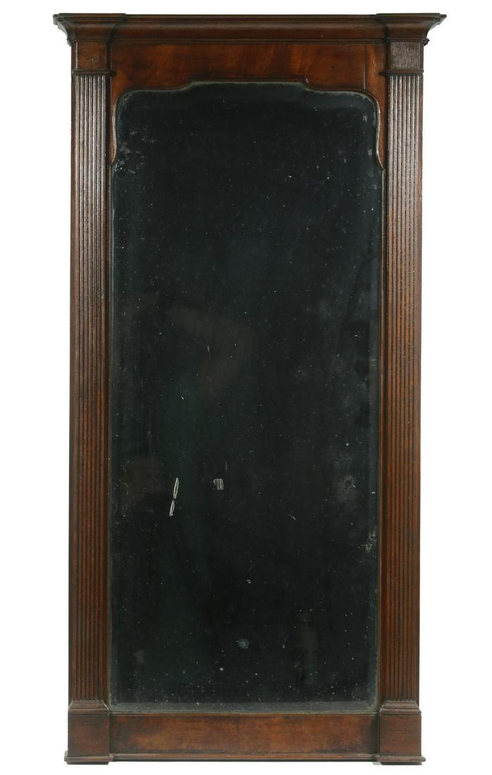 FEDERAL MIRROR: Early 19th c. Wood Framed Beveled Glass Mirror, shaped top mirror in rectangular mahogany frame with molded top cornice, square reeded side columns with block form base, wood panel back board, 31 1/4"