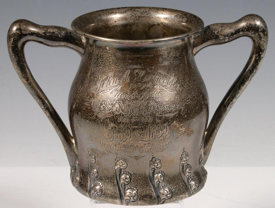 SILVER LOVING CUP, 1893 NAVY VS. ARMY GAME PRESENTATION: Art Nouveau Sterling Silver Double Handle Loving Cup by Simons Bros. Co. (Philadelphia, PA), presented to John A. Hartnell, football player, military officer, and physician, who served as coach of the
