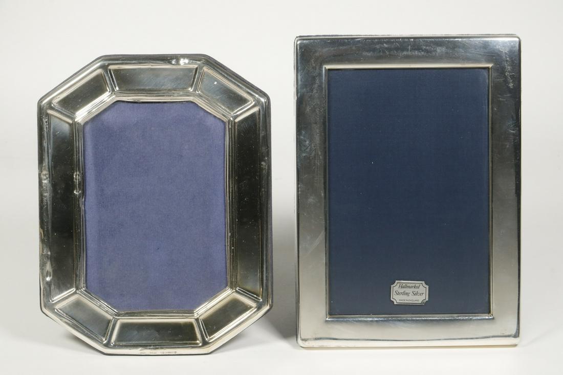 (2) STERLING PICTURE FRAMES: Lot of (2) European Silver Table Top Picture Frames, both velvet backed with backstands, incl: Carr's of Sheffield, Ltd (UK) frame, 1994 hallmark, 7 1/4" x 5 1/4", good condition; and Octagonal shape 