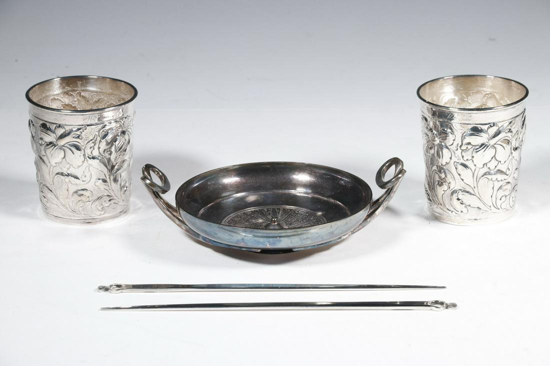 (5) MUSEUM ISSUED SILVER-PLATE ACCESSORIES: Group of (5) Silver-Plate Serving Items, issued by the MMA, New York and MFA, Boston, incl: Pair of floral repousse mint julep cups, marked 'Fine Silver, 1993 MMA' on base, 3 5/8" high; (2) Steiff mea
