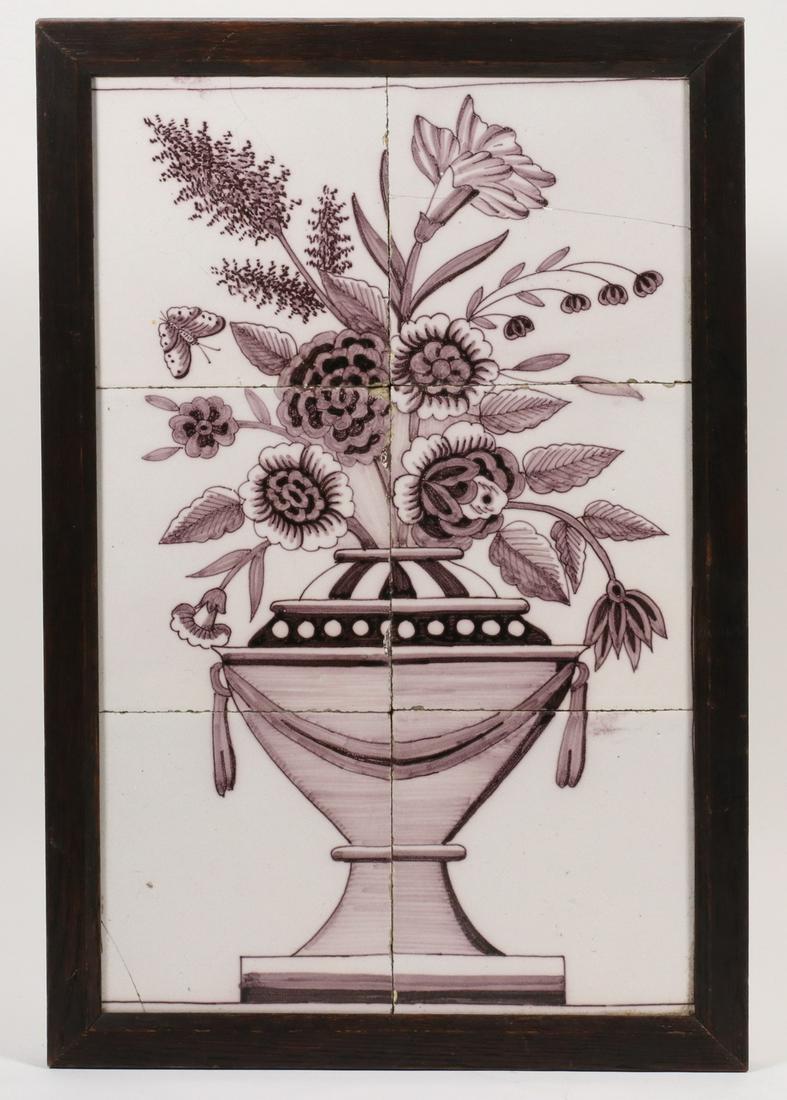 FRAMED SET OF EARLY DELFT TILES: Framed Panel of Six 18th c. Dutch Delft Tin Glazed Earthenware Tiles, with manganese painted decoration depicting a floral arrangement in an urn, contemporary oak frame, each tile: 5 3/8" sq., OS: 16 