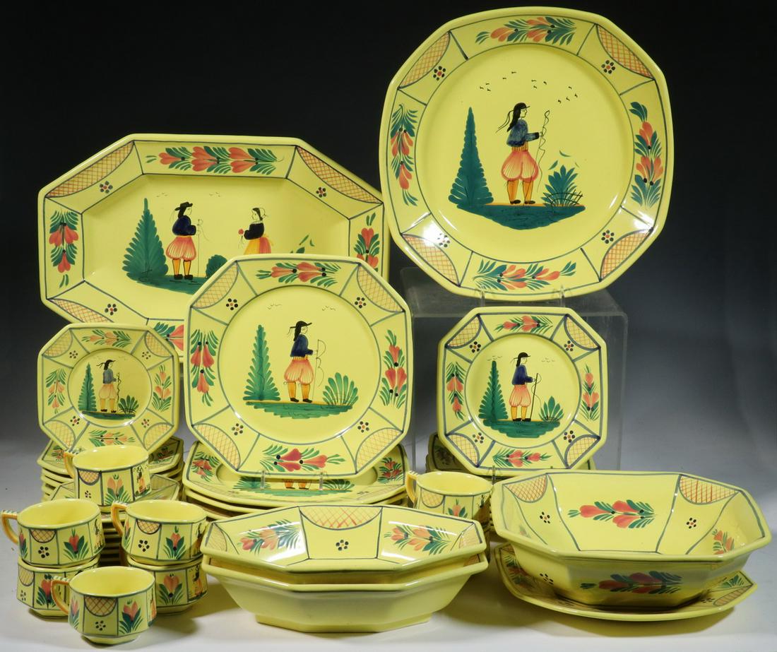 (45 PCS) FRENCH QUIMPER SOLEIL YELLOW FAIENCE: (45) Piece Set of Quimper Dinnerware, service for eight, in the Soleil Yellow pattern, circa 1980s, octagonal shape, incl: Platter, 11" x 16 3/4"; Square platter, 13 1/2" sq.; Square serving bowl, 11"