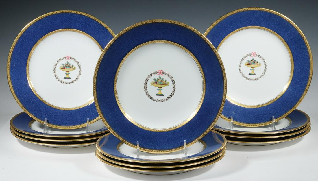 (12) COPELAND SPODE CHINA SERVICE PLATES: Set of (12) Copeland Spode English Hand Painted China Service Plates, pattern R7139, retailed by Charles R. Lynde, Boston, with date marks ranging from September 1921 to May 1922, each centered by a f