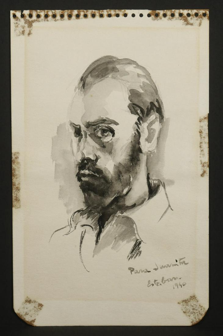 ESTEBAN VICENTE (NY/PA/SPAIN, 1903-2001): Self-Portrait, ink on a sketchbook page, signed lower right "Para Juanita, Esteban, 1940". Unframed, loose, 8" x 5". Toned, tape stained edges would mat out. Esteban Vicente Perez was an American pain