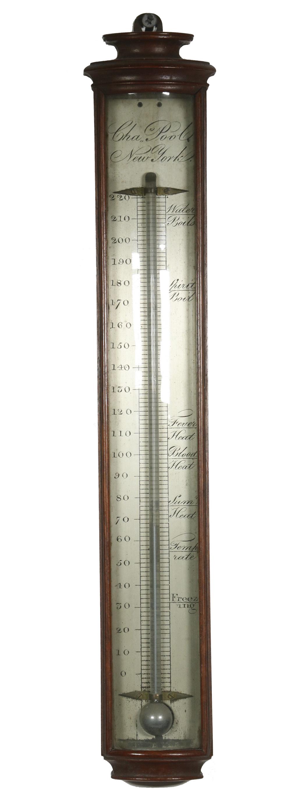 EARLY AMERICAN THERMOMETER BY CHARLES POOL: Circa 1840-50 Mahogany Cased Mercury Thermometer with engraved gauge behind domed glass, script markings for Water Boils, Spirits Boil, Fever Heat, Blood Heat, Sumr Heat, Temp-rate, Freezing. 15 1/2" 