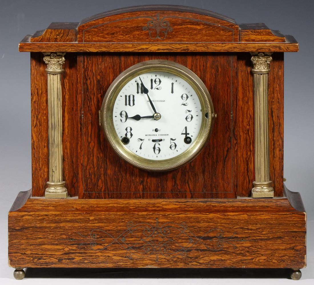19TH C. SETH THOMAS MANTEL CLOCK: Rosewood adamantine mantel clock with sonora chimes. Architectural case with applied half columns, set on ball feet. Eight day, spring driven time and strike, brass movement with additional chime move