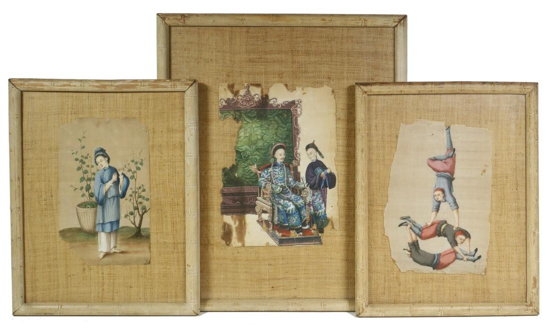 (10) 19TH C. CHINESE PITH PAINTINGS, AS IS, (9) IN: Depicting genre scenes, warriors, home accoutrements, tradesmen, parades, acrobats and beauties, all laid over burlap in faux bamboo frames under glass, fragments of what were originally probably roug