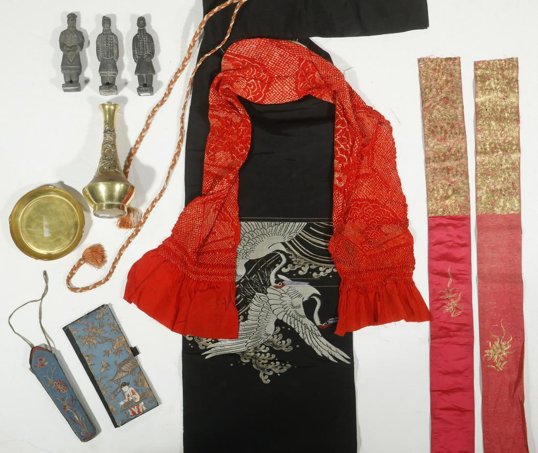 (10) ASSORTED ASIAN ACCESSORIES: Lot of (10) Asian Decorative Items, incl: (3) Terracotta reproduction Xian warrior figures, all on square bases with impressed Chinese character marks, 5 3/4" to 6" high; Brass vase with raised dragon