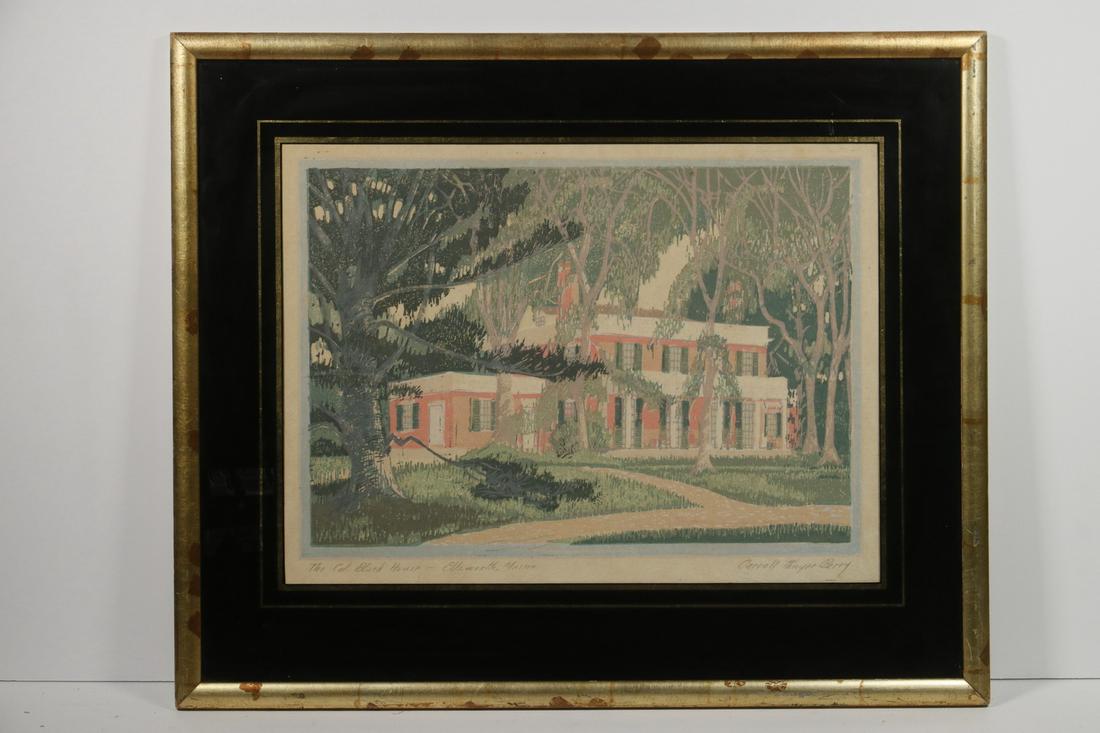 CARROLL THAYER BERRY (ME, 1886-1978): "The Col. Black House, Ellsworth, Maine", a seven-color woodblock print, pencil signed and titled, in gilt box frame, under glass with black and gold eglomise mat, OS: 19" x 23", SS: 12 1/4" x 17". Go