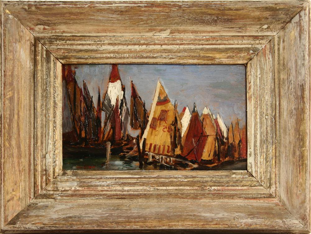 OIL ON PANEL: Sailboats at pier, colorful sails, oil on panel, illegibly signed lower left, grey painted low relief molded frame, SS: 3 3/4" x 6 5/8", OS: 7 1/4" x 10 1/4". Scuffed, grimy.