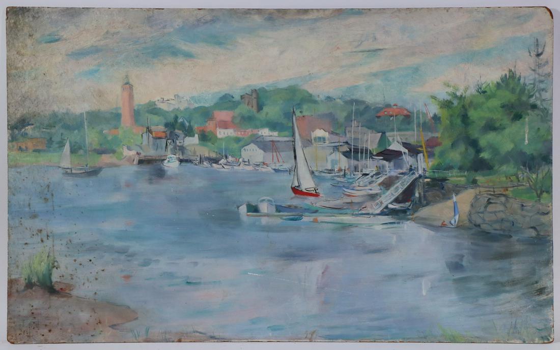 GRACE HUNTLEY PUGH (MA/NY, 1912-2010): Massachusetts Coastal Town, oil on masonite, unsigned but found with others of her paintings, in the same style, unframed, 20" x 32 1/2". Some soiling.