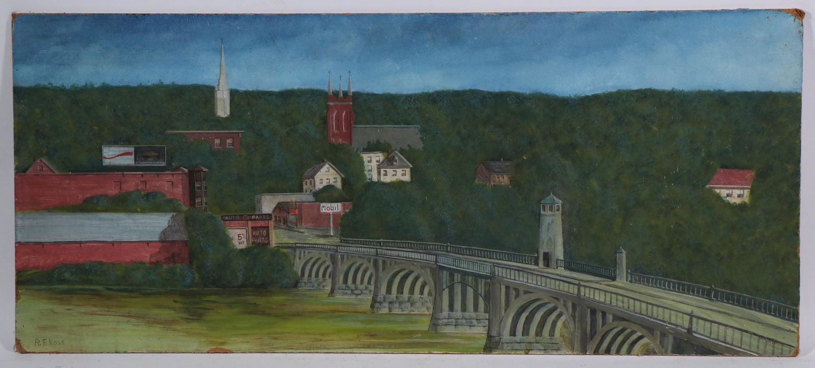 R.F. VOSE (20TH C. MASS): Bridge to the Town, oil on masonite, signed lower left, unframed, 16" x 36". Rounded corners.