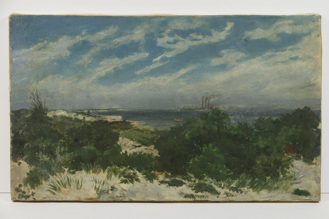 SEAFRONT WITH MILL, UNSIGNED, UNFRAMED: Circa 1930s View of Distant Industrial City viewed from a scrub pine beach across a bay, oil on canvas, unsigned, 12" x 20". Relined.