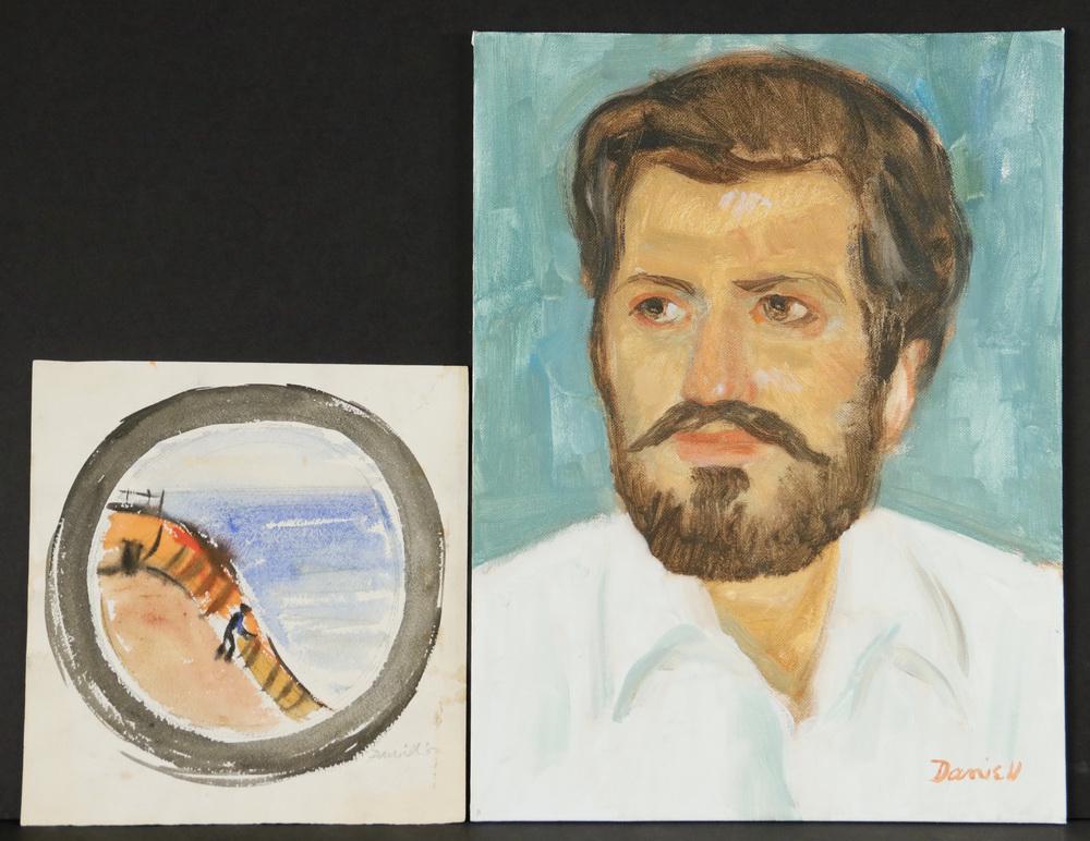 GEORGE DANIELL (NY, 1911-2002): (2 pcs): "Portrait of a Man", oil on canvasboard, signed lower right, fully signed and titled verso with inscription "To Laurence, In appreciation of such a good Sicilian face, George, 3/1/87", unfram