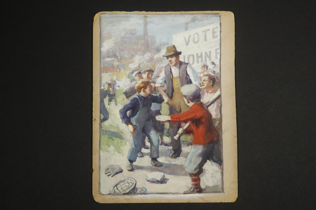 GRISWOLD TYNG (MA, 1883-1960): Backlot Baseball Dispute, gouache on board, unsigned, marked verso "Tyng, Boston", an illustrator, unframed, 10" x 7 1/4". Good condition.